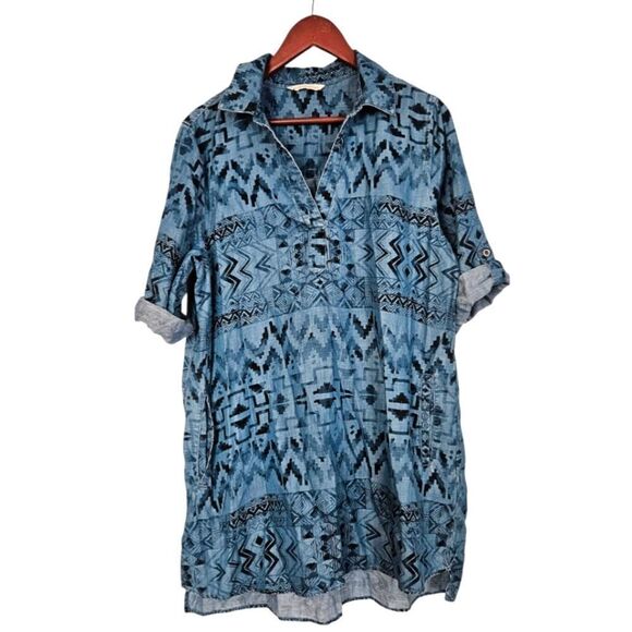 Soft Surroundings Blue Chambray Geometric Print 3/4 Sleeve Collared Tunic Top L - Picture 1 of 5